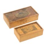 Two early Tunbridge ware white wood boxes advertising pens, both of rectangular form, both with