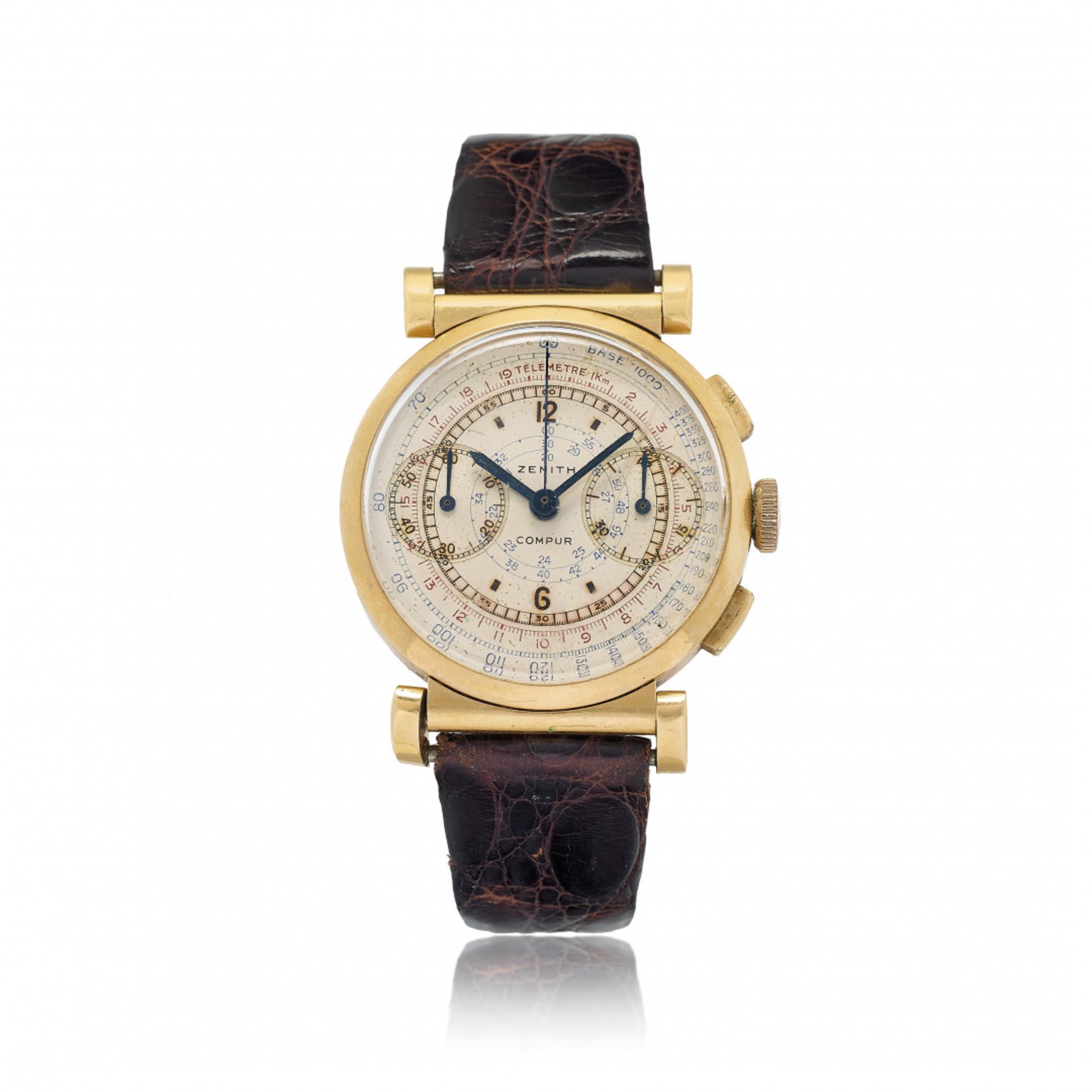 ZENITH COMPUR CHRONOGRAPH IN GOLD WITH HINGED LUGS, 40s