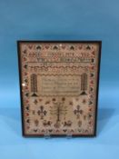 A sampler by Margaret Oliver aged 12, dated 1829, 40 x 31cm