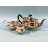 A silver three piece tea set, London, marks rubbed, 26 oz