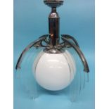 A 1930's Art Deco pendant light fitting, with chrome metalwork and four stepped glass panels, with
