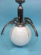 A 1930's Art Deco pendant light fitting, with chrome metalwork and four stepped glass panels, with
