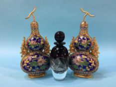 A modern glass bottle and stopper and a pair of Cloisonne vases, 24cm height