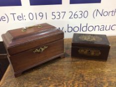 A 19th century mahogany tea caddy and a small Chinoiserie lacquered tea caddy