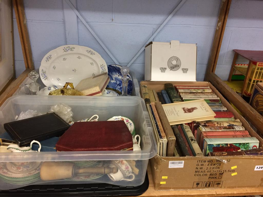Two trays of china and glass and a box of books