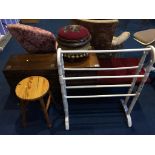 An oak sewing box, towel rail etc.