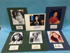 Assorted mounted photos and signed cards, to include Nancy Kovack, Linda Evans, Juliette Binoche,