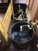 Two coal buckets and fire irons etc.