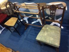 A Victorian ebonised and mother of pearl inlaid chair, towel rail and a nursing chair