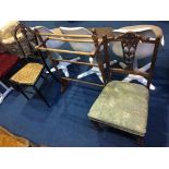 A Victorian ebonised and mother of pearl inlaid chair, towel rail and a nursing chair