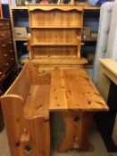 A pine dresser, bench and refectory table