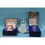 Two boxed presentation commemorative wares and a Coalport figure