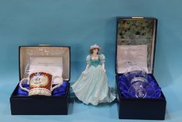 Two boxed presentation commemorative wares and a Coalport figure