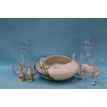 A Franz porcelain circular bowl, two decanters, a Beswick foal and two Beatrix Potter figures