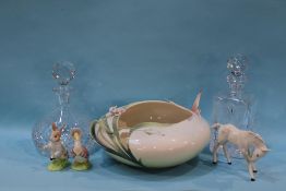 A Franz porcelain circular bowl, two decanters, a Beswick foal and two Beatrix Potter figures