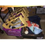 Two boxes of assorted and a shoe rack