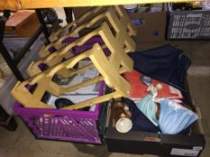 Two boxes of assorted and a shoe rack