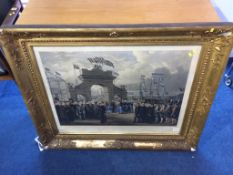 A large gilt framed print 'The Landing of her Majesty Queen Victoria at Aberdeen', 60cm x 75cm