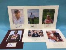 Assorted mounted photos and signed cards, to include Corey Pavin, Tommy Aaron, Johnny Miller,