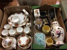 Two trays of china, to include Masons and Royal Albert Old Country Roses china etc.