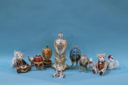 Two Royal Crown Derby paperweights, modern Faberge style eggs etc.