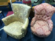 A pink floral upholstered button back nursing chair and two bedroom chairs
