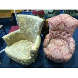 A pink floral upholstered button back nursing chair and two bedroom chairs