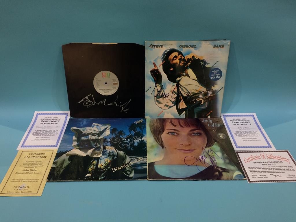Assorted mounted photos and signed cards, to include Judy Collins, John Waite, Steve Gibbons Band,