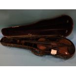 A violin, together with two bows and fitted case