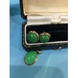 A pair of 9kt gold mounted jade earrings and pendant, 4.3g in total