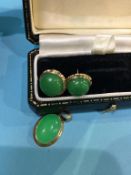 A pair of 9kt gold mounted jade earrings and pendant, 4.3g in total