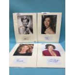 Assorted mounted photos and signed cards, to include Olympia Dukakis, Judi Dench, Julie Bowen,
