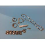 A mother of pearl silver fruit knife, a '925' bracelet and two sterling sash clasps