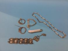 A mother of pearl silver fruit knife, a '925' bracelet and two sterling sash clasps