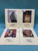 Assorted mounted photos and signed cards, to include Julie Christie, Kim Cattrall, Kirstin Davis,
