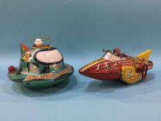 Tin plate toys, a Flash Gordon Rocket Fighter and a Satellite X-107