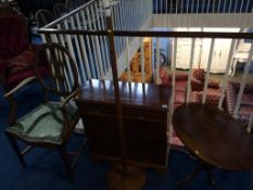 A yew wood cabinet, oval table and lamp etc.