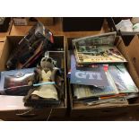 Two boxes of assorted, toys, tin signs etc.