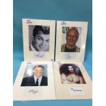 Assorted mounted photos and signed cards, to include Tony Curtis, James Coburn, Nicholas Cage, Chevy