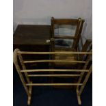 Two Edwardian chairs, a towel rail and sewing box