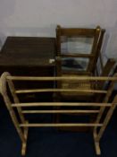 Two Edwardian chairs, a towel rail and sewing box