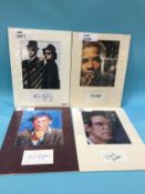 Assorted mounted photos and signed cards, to include Dan Aykroyd, Kevin Bacon, Billy Crystal, Denzel