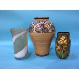 A large Denby vase, a modern glass vase and a floral ceramic vase, monogrammed M-S-L