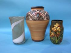 A large Denby vase, a modern glass vase and a floral ceramic vase, monogrammed M-S-L