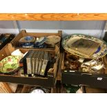 Three boxes, to include silver plate, an accordion etc.