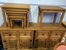 A pair of pine cabinets and nest of tables etc.