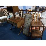 A reproduction mahogany sofa table, long stool and two occasional tables