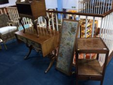 A reproduction mahogany sofa table, long stool and two occasional tables