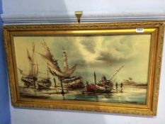 P. J. Wintrip, oil, signed, 'Fishing vessels at low tide, 35 x 68cm