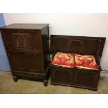 An oak monks bench and an oak cocktail cabinet